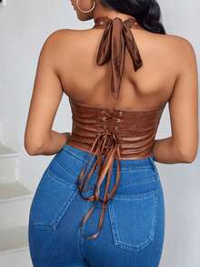 Áo corset nữ cổ chữ V sâu, chất liệu da PU họa tiết hoa cổ điển, có lỗ xỏ dây, thắt nơ, kiểu dáng crop top, thích hợp mặc đi nghỉ mát, dạo phố hoặc mặc thường ngày. - màu nâu - Xem 2