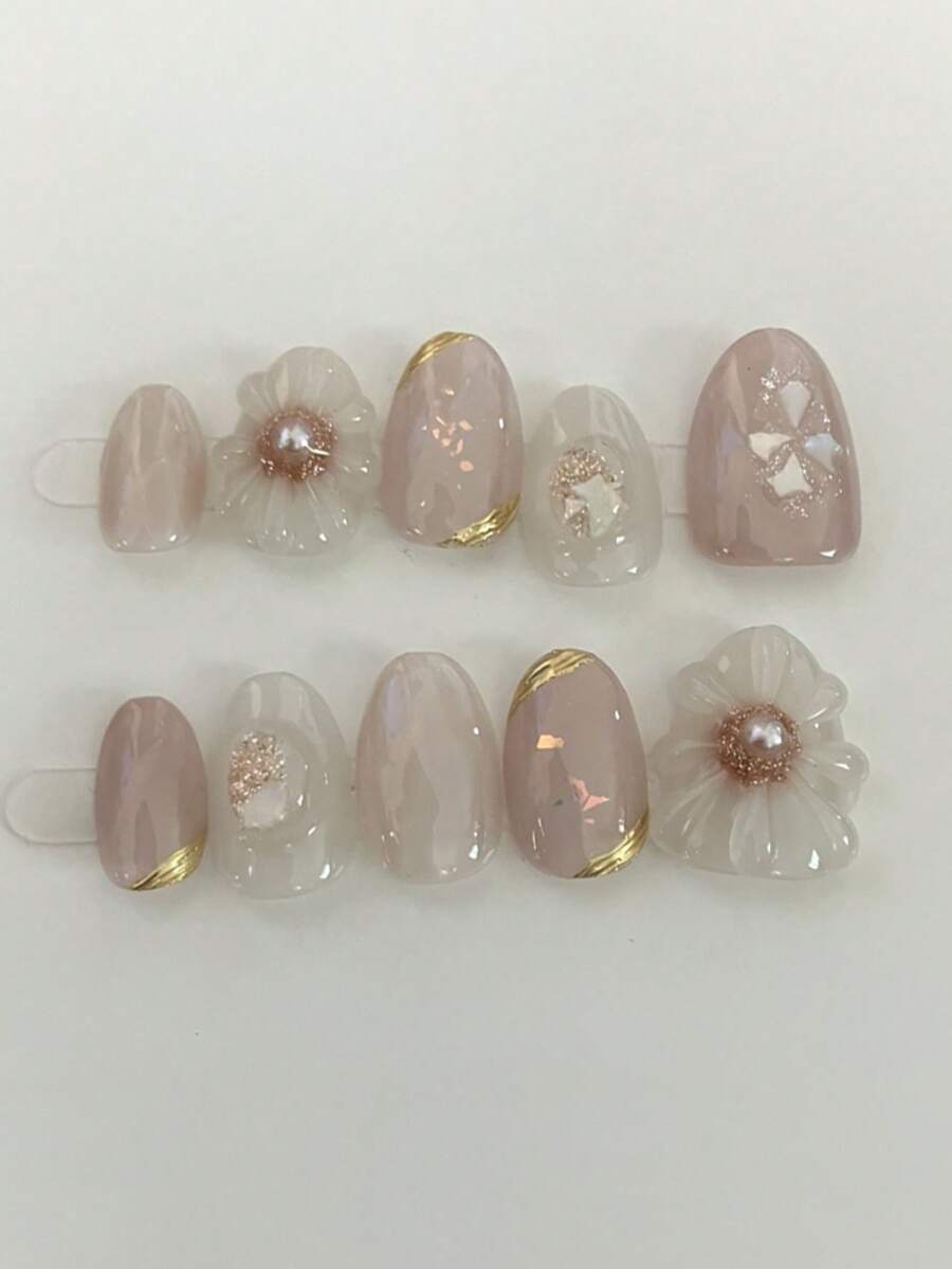 10片純手工穿戴式美甲貼,柔和裸色優雅日常風,粉裸透感暈染,3D花朵珍珠與金箔星星亮片圖案,適合女性與女孩,春夏季秋冬節日派對及日常使用 - 粉色 - 查看 1