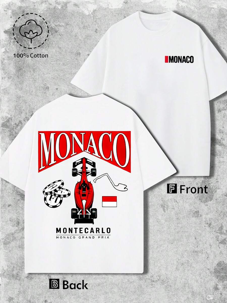 Printed T-Shirt With Motifs Of The F1 Monaco Grand Prix, White Short-Sleeved Cotton T-Shirt For Men, Fashionable T-Shirt For F1 Fans, Streetwear, Casual Style, Everyday Wear, Leisure Sweatshirt, Summer Wear, Suitable For Watching The Race, A Gift For Men. - 白色 - 查看 1