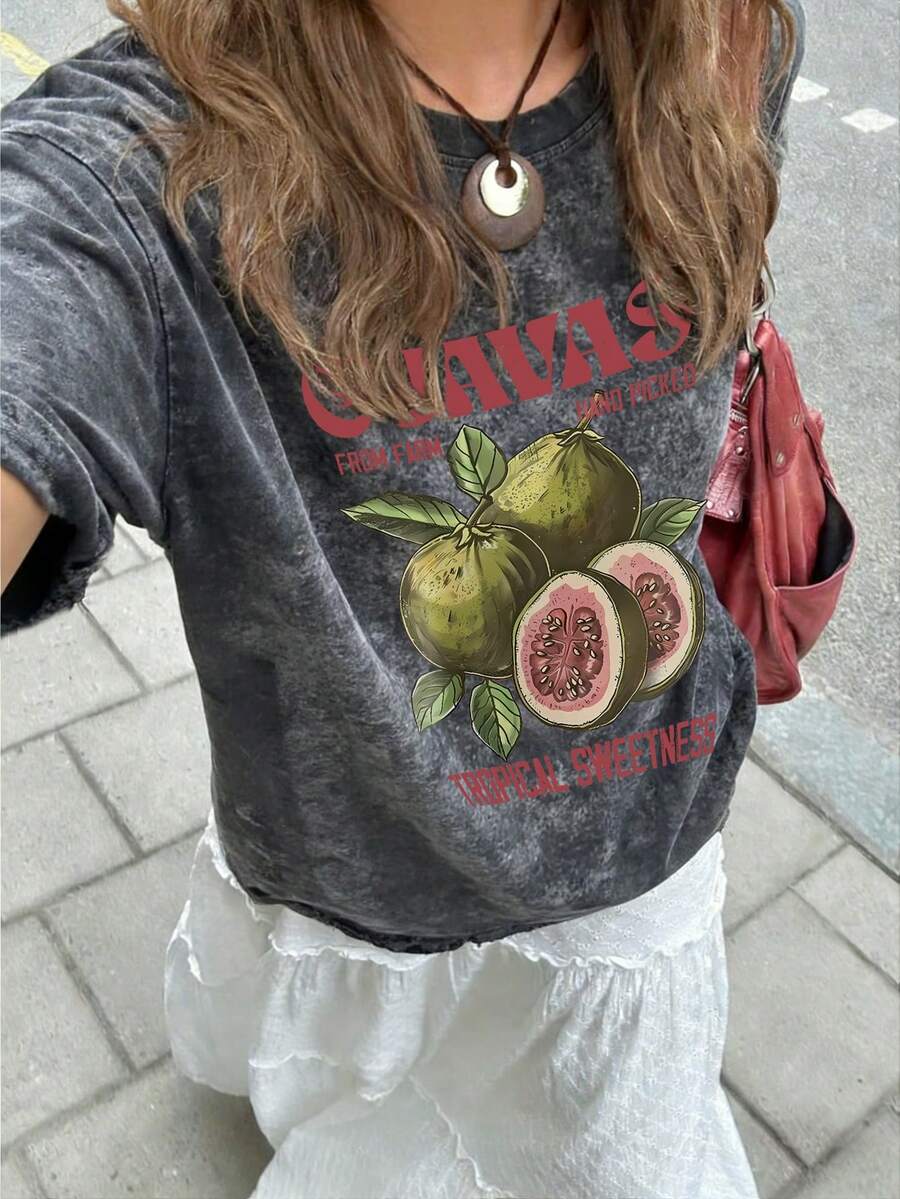 Women's Summer New Simple Tropical Farm Hand-Painted Guava Print Casual Round Neck Tie-Dye Short Sleeve T-Shirt, Fashionable And Versatile - Black - View 1