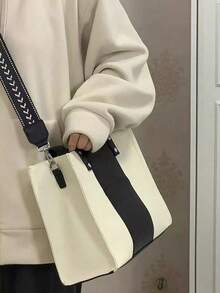 2026 New Minimalist Japanese Style Black & White Canvas Tote Bag, Large Capacity Student/Commute Shoulder Bag - Black and White - View 5