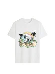 女士宽松“沙滩女孩”标语T恤，复古波浪彩虹棕榈树印花休闲冲浪T恤，夏季必备 - 白色 - 查看 2