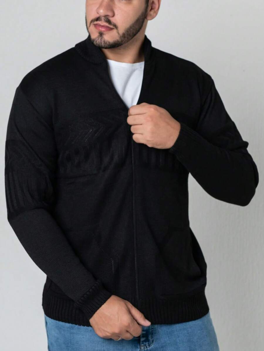 Men's Knitted Cardigan With Zipper And Pocket, Winter Sweater - 黑色 - 查看 1
