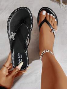女士夏季黑色人字拖凉鞋，蝴蝶花朵水晶珍珠装饰，圆头简约设计，轻便时尚休闲家居平底拖鞋，适合外出、聚会、度假，舒适女鞋，沙滩凉鞋 - 黑色 - 查看 2