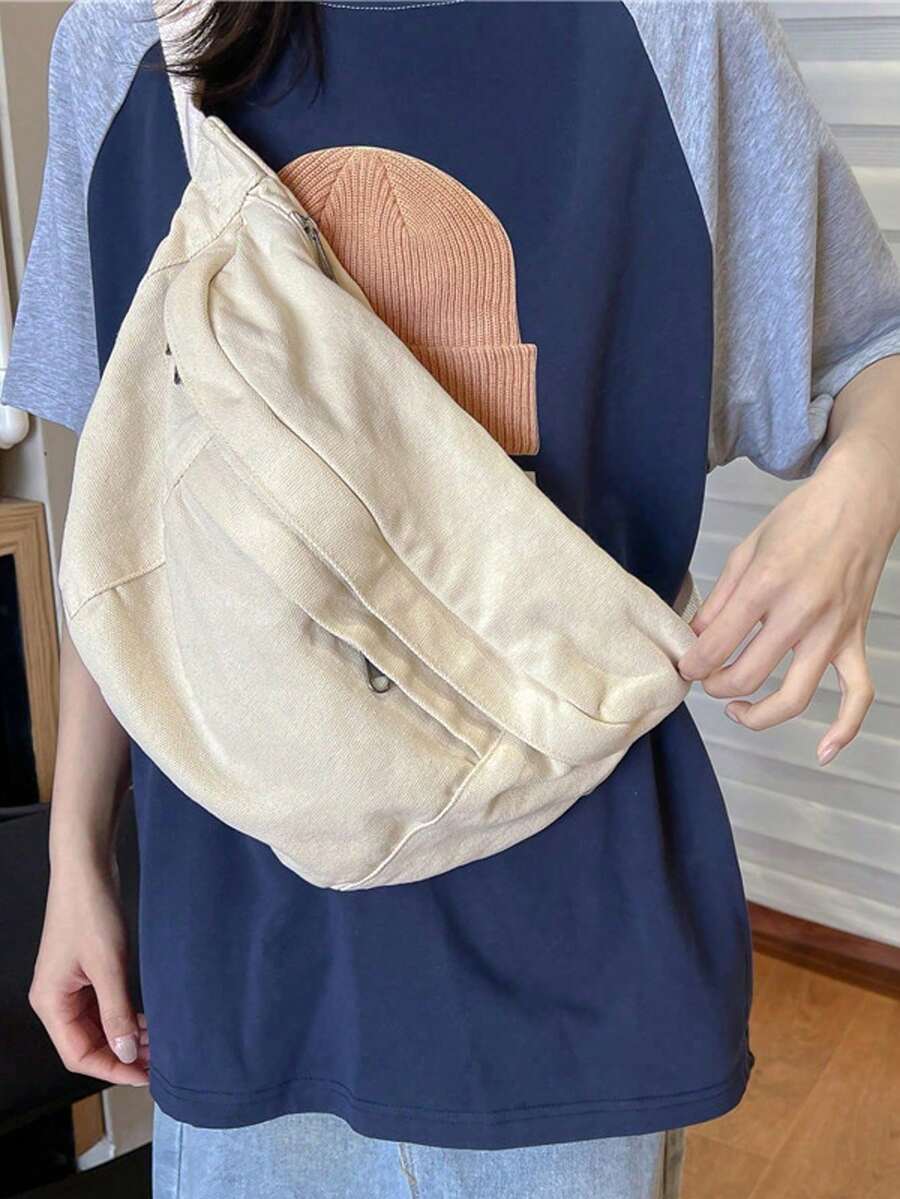 Túi đeo ngực bằng vải bố, túi đeo vai phong cách retro, túi messenger dung tích lớn, túi đeo chéo đa năng, phù hợp để phối đồ hàng ngày, kiểu dáng mềm mại cổ điển. - Màu be - Xem 1
