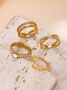 Set de 4 anillos de acero inoxidable con diseños de corazón, diamante de imitación, cruzados y de doble capa, ideales para uso diario de mujeres o como regalo del Día de San Valentín - anillo - Ver 4
