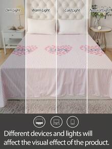 1件装100%轻薄涤纶面料浪漫粉色爱心条纹蝴蝶结印花床单，透气爱情主题床上用品，可爱卧室装饰，适合成人和青少年 - 彩色 - 查看 6