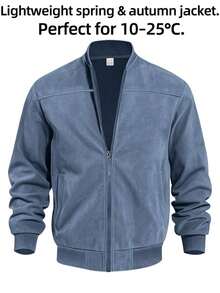 Men's Khaki Suede Bomber Jacket, Full Zip Stand Collar Casual Coat, Retro Faux Leather Jacket, Suitable For Spring And Autumn, Outdoor Commute Casual Jacket, High-Quality Men's Gift - 霧霾藍 - 查看 4