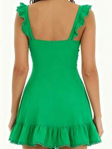 Ruffled Strap Mini Dress For Women Sweetheart Neck Ruched Bust A-Line Ruffle Hem Lace Trim Casual Summer Party Dress - 綠色 - 查看 4