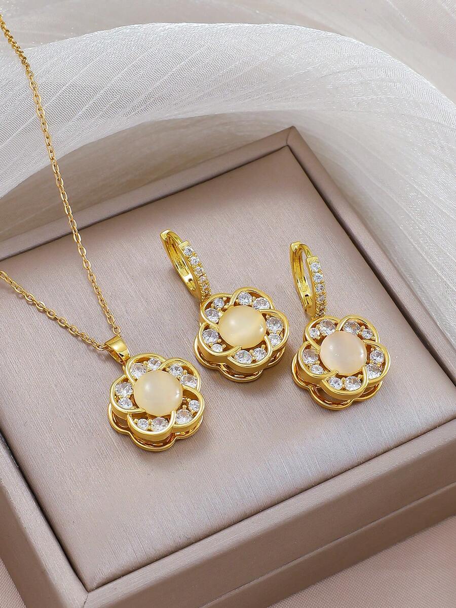 一套优雅的猫眼石和微镶锆石项链和耳环，适合日常佩戴 - 彩色 - 查看 1