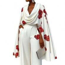 Printed Stacking Collar Long Sleeve Two-Piece Trousers Set - White - View 6