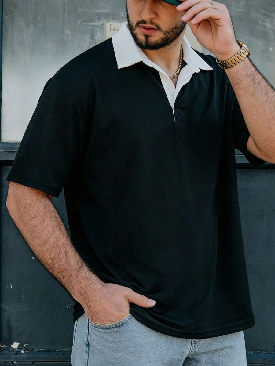 Men's Fashionable Casual Versatile Polo Short Sleeve T-Shirt - Black - View 1