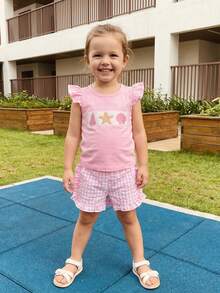 Toddler Baby Girl Outfit Summer Fly Sleeve Starfish Seashell Embroidery T-Shirt Top Plaid Shorts 2PCS Clothes Set - 粉色 - 查看 4