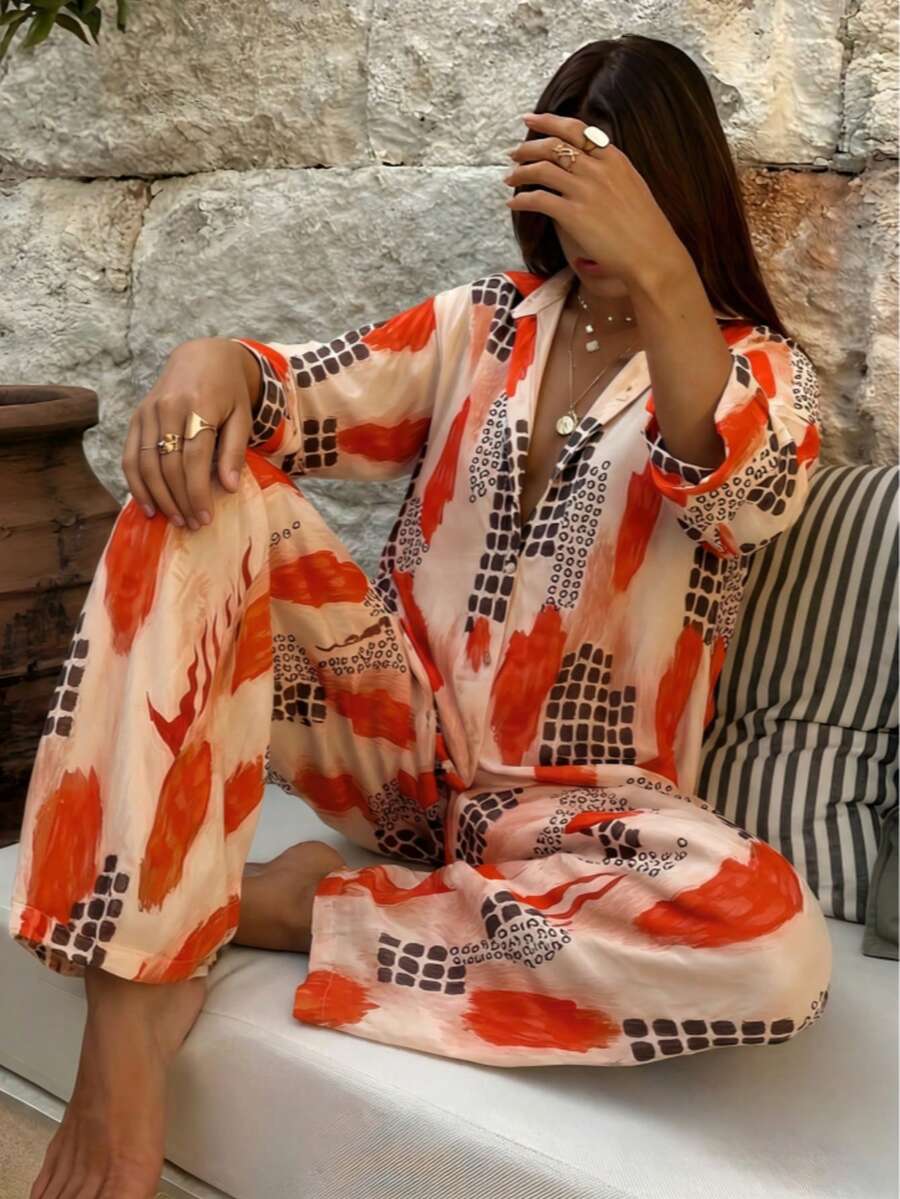 Women's All-Over Print Shirt And Pants Shirt And Elastic Waist Trousers Set Summer Outfits For Women - 多色2 - 查看 1