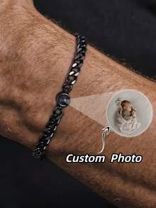 1pc Customized Photo Projection Bracelet, Personalized Stainless Steel Round Projection Bracelet, Custom Partner Photo Bracelet, Customized Thick Curb Chain Bracelet, Couples Bracelet, Memorial Photo Jewelry, Unisex Customized Valentine's Day Projection Bracelet - Projection Bracelet - View 5