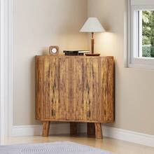 Mueble de esquina rústico con estante ajustable, mesa esquinera de madera industrial, mesa auxiliar esquinera para sala de estar y cocina. - Marrón - Ver 4