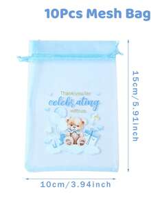 10个蓝色小熊薄纱礼品袋，蓝色小熊图案，感谢礼品包装袋，婴儿派对回礼袋，糖果袋，生日派对小礼品袋，性别揭晓派对礼品包装用品，抽绳糖果袋，泰迪熊生日装饰，婴儿派对装饰，婴儿派对礼物，派对回礼 - 藍色小熊 - 查看 7