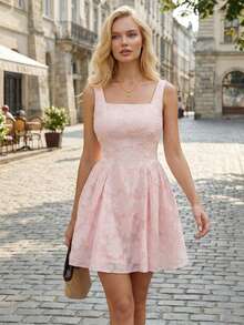 Vestido elegante de mujer con cuello cuadrado, cintura fruncida y falda acampanada en jacquard rosa, atuendo sexy y encantador para salidas románticas de verano - Rosa - Ver 6