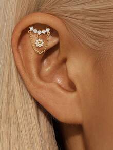 1件S925纯银个性化向日葵珍珠星星流苏耳钉，优雅日常佩戴饰品，节日礼物 - 金色 - 查看 16