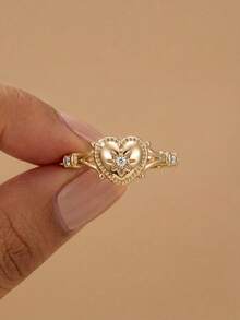 1pc Size S Diamond Heart Design Ring, Elegant Double Layer Ring, Fashion Jewelry Gift, Suitable For Daily Wear/Mother's Day - Heart - View 3