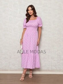 ANLE MODAS Elegant Women's Casual Long Dress, Embroidered Fabric, Ruffled Hem, Summer Wedding Dress - Màu Lilac Tím - Xem 2