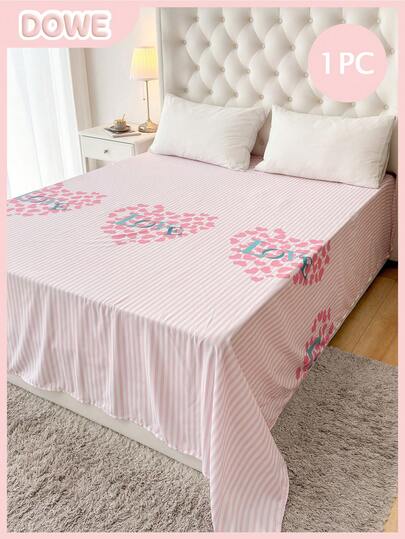 1pc 100% Lightweight Polyester Fabric Romantic Pink Heart Striped Bow Print Bedsheet, Breathable Love Themed Bedding, Cute Bedroom Decor Suitable For Adults & Teens