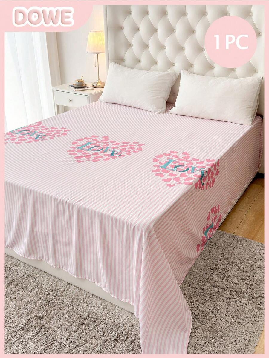 1件装100%轻薄涤纶面料浪漫粉色爱心条纹蝴蝶结印花床单，透气爱情主题床上用品，可爱卧室装饰，适合成人和青少年