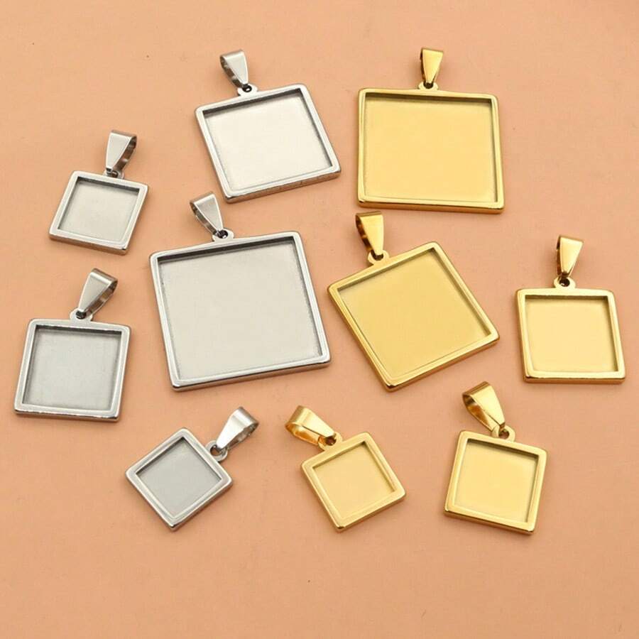 2 chiếc đế trống bằng thép không gỉ hình vuông, kích thước bên trong 10-25mm, dùng làm mặt dây chuyền cabochon, khay đựng phụ kiện làm trang sức DIY. - quảng trường - Xem 1
