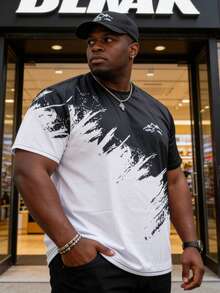 1pc Plus Size Men's Casual Black & White Splatter Short Sleeve T-Shirt With Mountain Shape Pattern - Multicolor - View 3