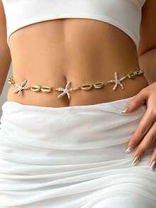 1条时尚度假风贝壳珍珠海星腰链 - 金色 - 查看 1