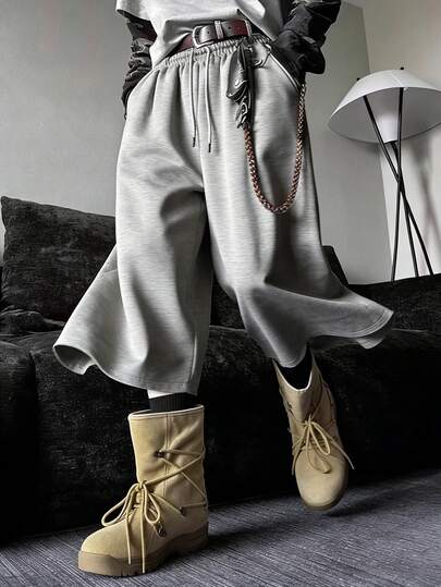 Men's Elastic Waist Loose Wide Leg Soft Velvet Fabric Street Casual Capri Pants, Suitable For Skateboarding, Leisure Sports And Other Occasions In Spring And Autumn