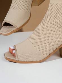 女士时尚透气面料露趾套脚坡跟靴 - 米色 - 查看 6