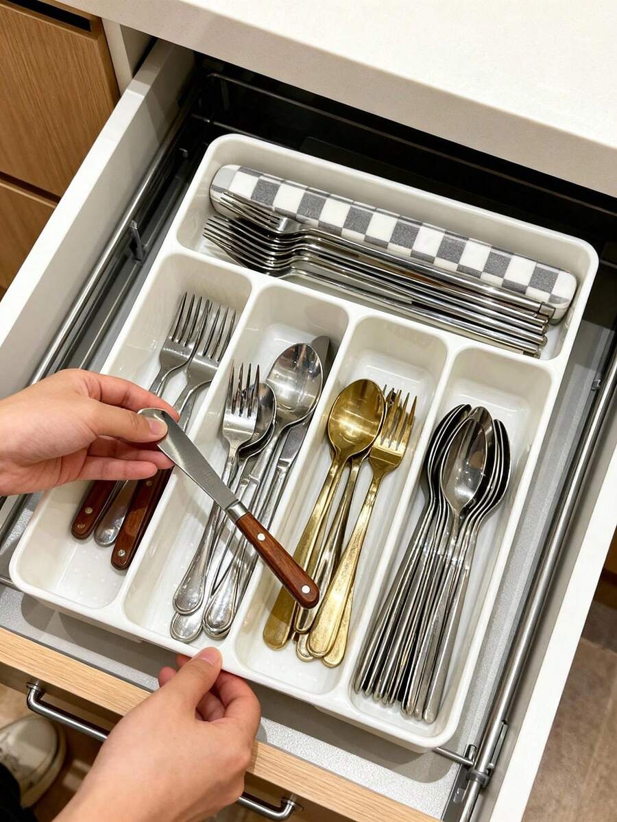 1 pieza Bandeja de clasificación de utensilios plateada, Soporte para cucharas de cocina, Organizador de cubiertos, Estante de almacenamiento de cocina, Caja organizadora de cajón para cubiertos, Soporte para cuchillos, tenedores y palillos dentro del gabinete, Organizador de utensilios de cocina, Bandeja para cuchillos y tenedores de cajón - Multicolor - Ver 1