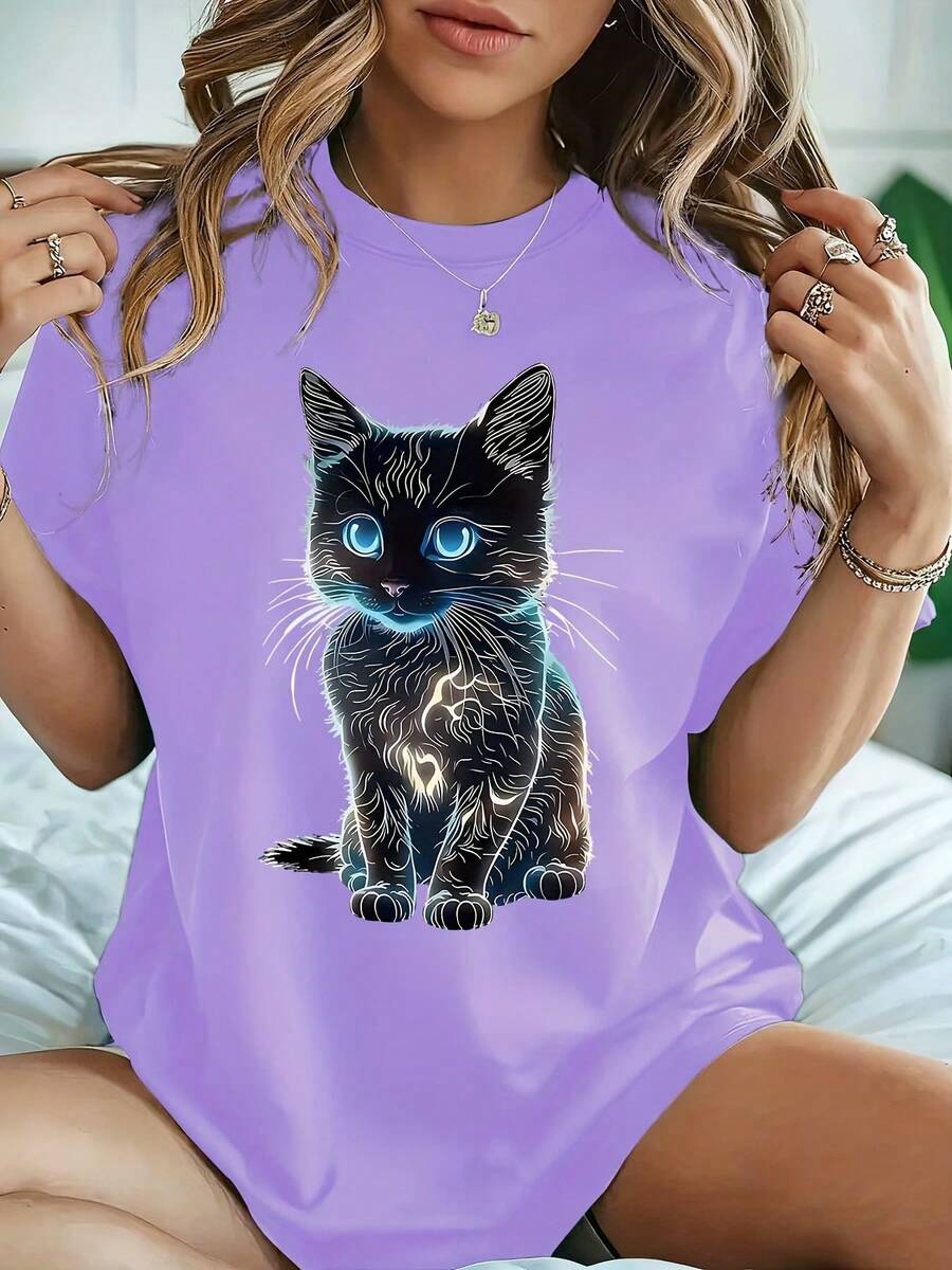 Talla grande - [Gato brillante | Cómodo] Camiseta de manga corta de cuello redondo casual con estampado de gato brillante cómodo, adecuada para verano y primavera, camiseta de mujer - Morado claro - Ver 1