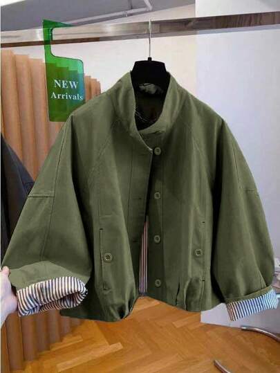 2025 New Arrival Loose Casual Striped Lining Stand Collar Short Windbreaker Jacket For Women, European And British Style