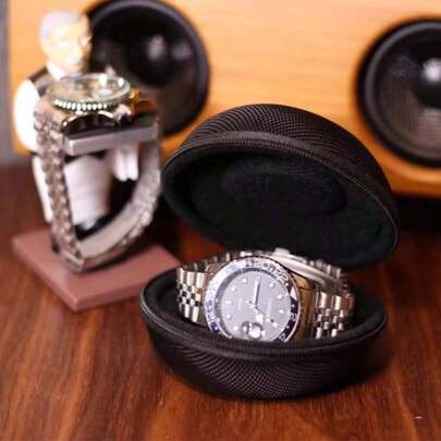 Oval Shaped Nylon Watch Travel Case, Portable Single Watch Box With Zipper And EVA Padding, Suitable For Storing Watches And Smartwatches, Black Velvet Lining, Compact Travel Watch Box, EVA Protective Bag Resistant To Pressure, Impact And Scratches, Fits Smartwatches And Mechanical Watches