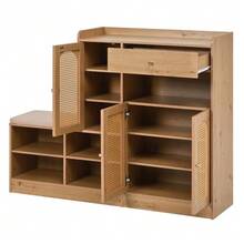 Shoe Cabinet With Upholstered Bench, 3 Woven Rattan Doors And 1 Drawer. Multifunctional Storage Unit With Shoe Rack For The Entryway. Wood Effect. Dimensions: 142 Cm (Width) X 35 Cm (Depth) X 110 Cm (Height). - Wood Color - View 6