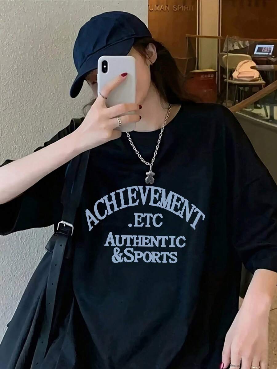 Women's Round Neck Short Sleeve T-Shirt, Summer New Letter Print, Fashion Casual Versatile Loose Top - Black - View 1