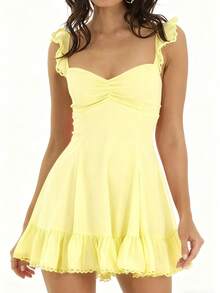 Ruffled Strap Mini Dress For Women Sweetheart Neck Ruched Bust A-Line Ruffle Hem Lace Trim Casual Summer Party Dress - 黃色 - 查看 2