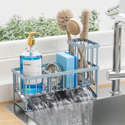 Cisily Sink Caddy Organzier With High Brush Holder, Sponge Holder For Sink, 304 Rustproof Stainless, Kitchen Countertop Soap Dispenser Organizer, Gray Blue Kitchen Decor And Accessories