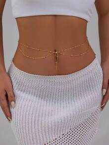 1pc Elegant Fashion Double-Layer Tassel & Pearl Ball Waist Chain, Suitable For Daily, Party, Beach, Vacation Wear - Gold - View 1