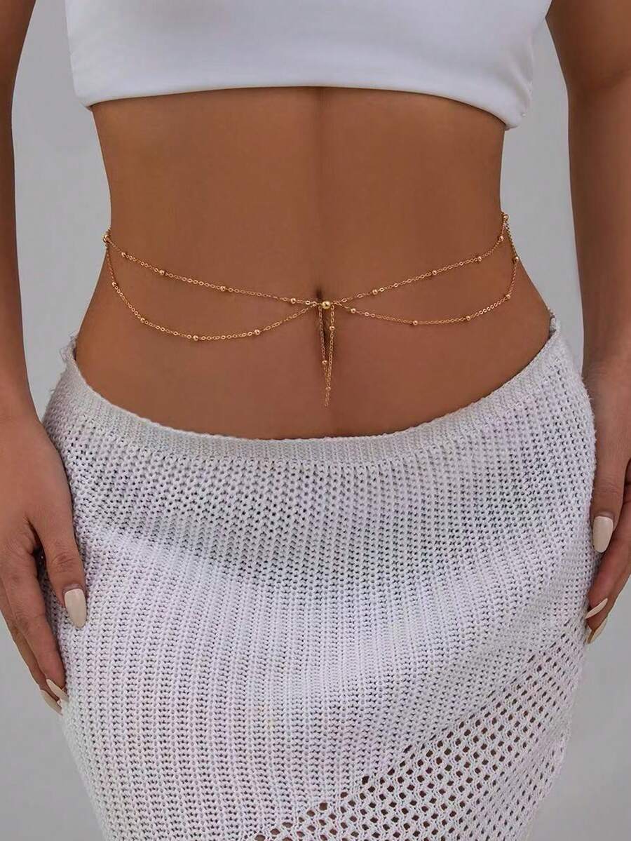 1pc Elegant Fashion Double-Layer Tassel & Pearl Ball Waist Chain, Suitable For Daily, Party, Beach, Vacation Wear - Gold - View 1