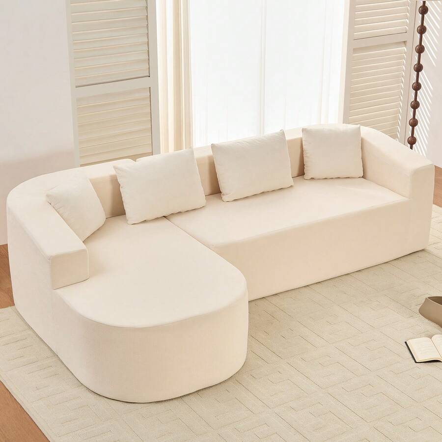 Modern 98''Chenille L-Shape Sectional Sofa With Curved Chaise,Cloud 3-Seater Sofa Couch For Apartment,Living Room - 米色 - 查看 1