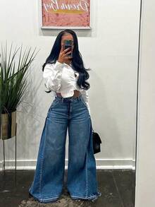 Womens Loose Wide Leg Flare Jeans Side Wide Design High Waist Comfort Denim Pants Casual Fashion Vintage Style Plus Size Stretchy Soft Material Classic Blue Black Washed Distressed Lightweight Breathable Skinny Bootcut Retro Chic Streetwear Everyday Wear Staple Wardrobe Essential Must Have Popular Best Seller Top Rated (Non-Stretch ) - 灰色 - 查看 3