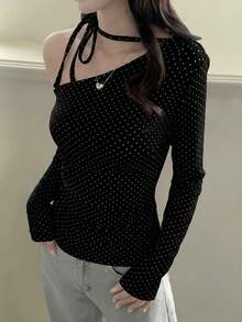 Rikumo Blusa de manga larga de punto con lunares negros, estilo coreano chic y sexy, con diseño de lazo de un hombro, adecuada para uso casual, en casa, calle y transporte - Negro - Ver 11