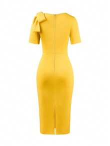 Elegant Midi Dress With Exaggerated Bow Accent, Short Sleeves, Round Neck, Waist Cinching, Pencil Skirt, High Slit, Flattering Silhouette, Comfortable Wear, Suitable For Workplace, Daily, Weddings, Parties, Office, Spring/Summer/Autumn - Yellow - View 9