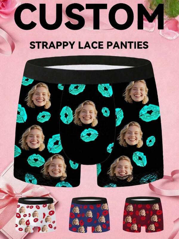 1pc Customized Men's Briefs - Personalized Photo And Bold Red Lip Print On Navy Blue | Mature Masculine Style, Premium Custom Underwear | Suitable For Boyfriend's Birthday, Christmas, Anniversary Etc. | Luxurious Quality, Unforgettable Gift