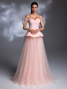 浅粉色蕾丝刺绣3D花朵装饰露肩荷叶边腰部薄纱拖尾优雅公主风晚礼服 - 淺粉色 - 查看 3