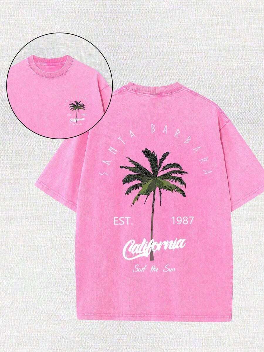 Men's Vintage California T-Shirt With Est. 1989 Palm Tree Back Print - Heavyweight Washed Cotton Short Sleeve Crew Neck Summer Shirt, Relaxed Fit Casual Beachwear Suitable For Summer Outfits & Retro Stylegraphic Tee Unisex Graphic Print Washed Short Sleeve Tee - 玫紅色 - 查看 1