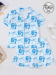 2pcs/Set Pink Striped Children's Pajamas, Featuring A Collared Shirt With Short Sleeves And Elastic Waist Shorts With Ruffle Hem Design, Adorned With Sweet Six Seven 67 Theme And Bow Print Pattern, Comfortable Loungewear/Sleepwear - Blue - View 13